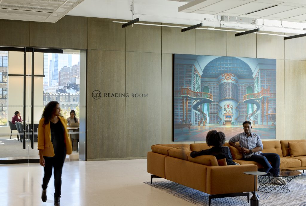 Employees outside the Reading Room in 7 Hudson Square by Dave Burk &ndash; SOM &copy; 2024 Disney